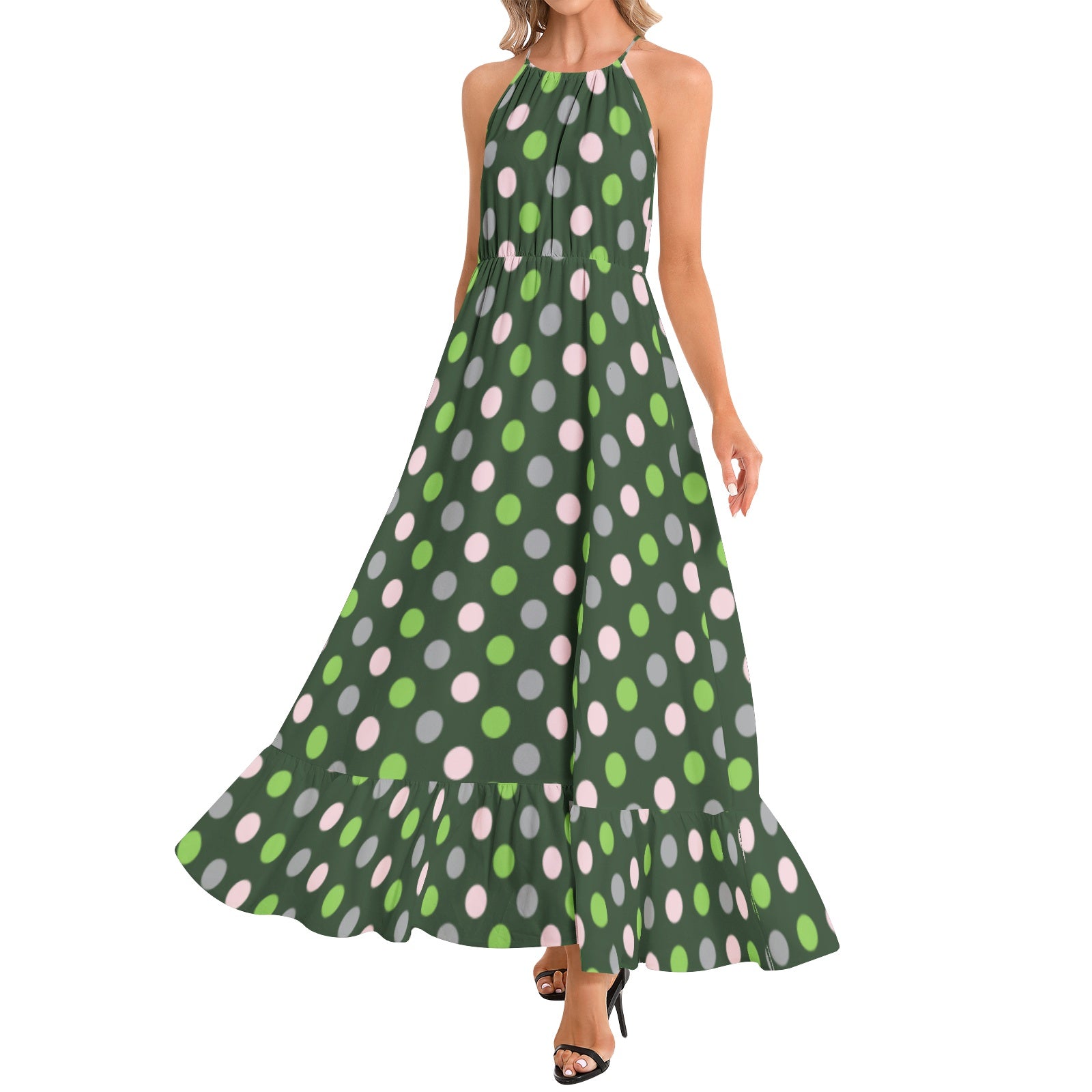 Pink and Green Polka Dot Ruffle Hem Halter Neck Maxi Dress S