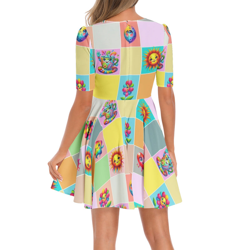 Sunshiny & Chic Short Sleeve Ruched Bust Flared Hem Dress