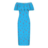 apiary blue print 5 Women's Off Shoulder Ruffle Boat Neck Dress (Model D71)