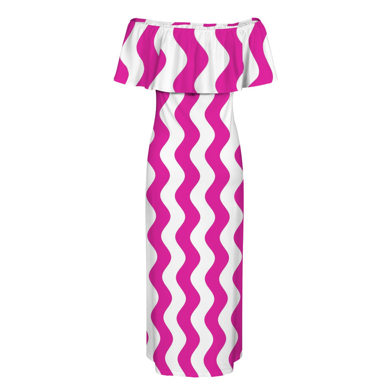 fuchsia wavy print Women's Off Shoulder Ruffle Boat Neck Dress (Model D71)