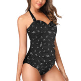 musical note blouse white on black Women's Halter Neck Gather Chest Swimsuit (Model S52)