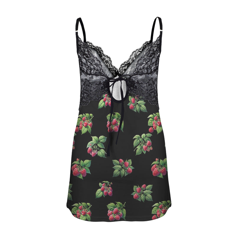 rasp on black print Lace Low Cut Backless Cami Dress (D72)