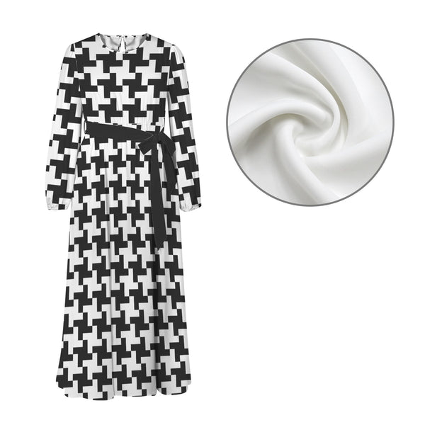 Houndstooth Round Neck Long Sleeve Belted Maxi Dress