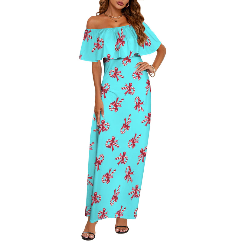 candy cane light blue print Women's Off Shoulder Ruffle Boat Neck Dress (Model D71)