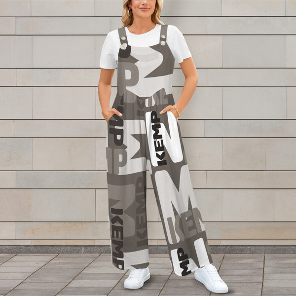 sepia print kemp m Sleeveless Straps Pocket Wide Leg Jumpsuit