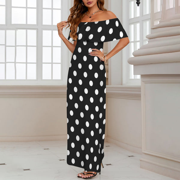 bw polka dot 10 Women's Off Shoulder Ruffle Boat Neck Dress (Model D71)