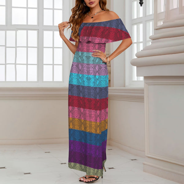 multicolored snakeskin Women's Off Shoulder Ruffle Boat Neck Dress (Model D71)