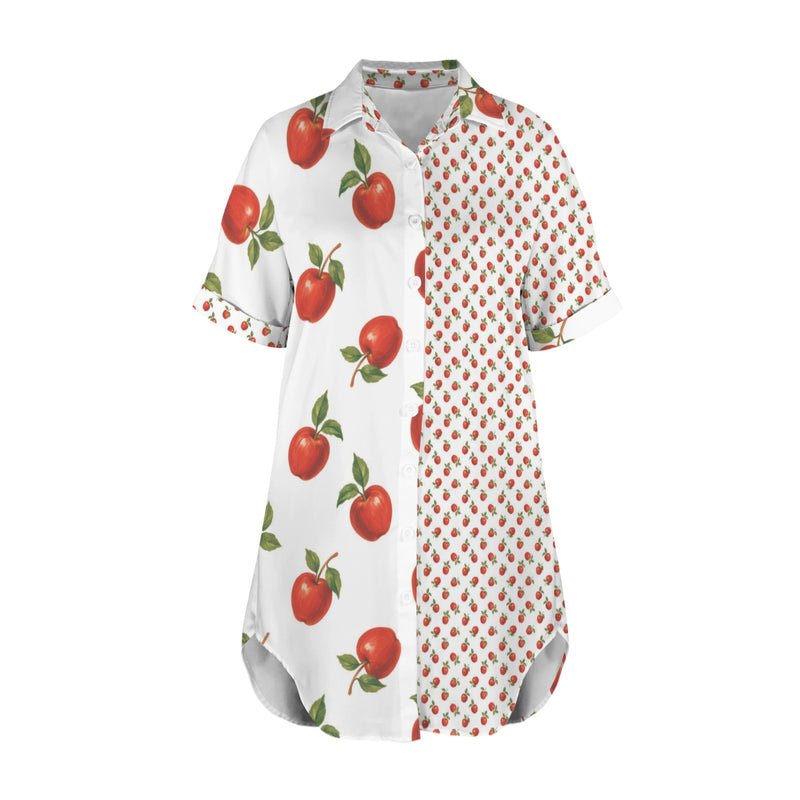 apples white print Short Sleeve Button Front Shirt Dress