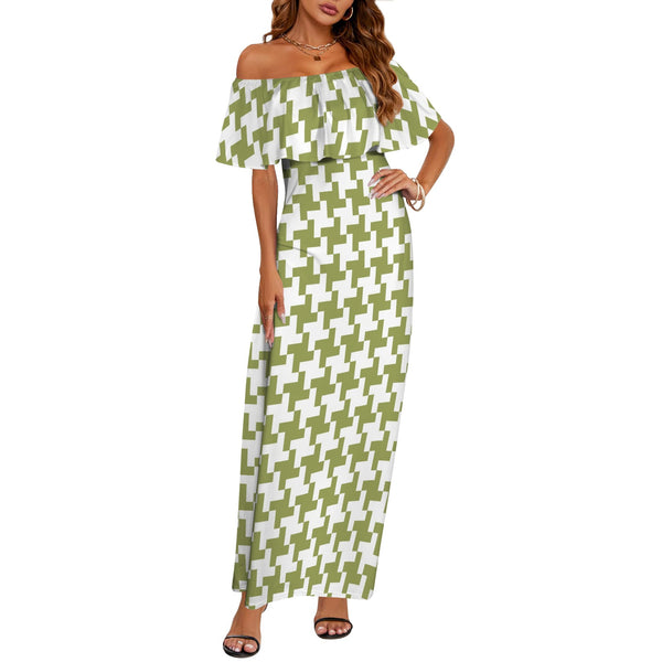 Houndstooth Women's Off Shoulder Ruffle Boat Neck Dress