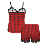 plaid print red and white Women's Lace Camisole Pajama Set