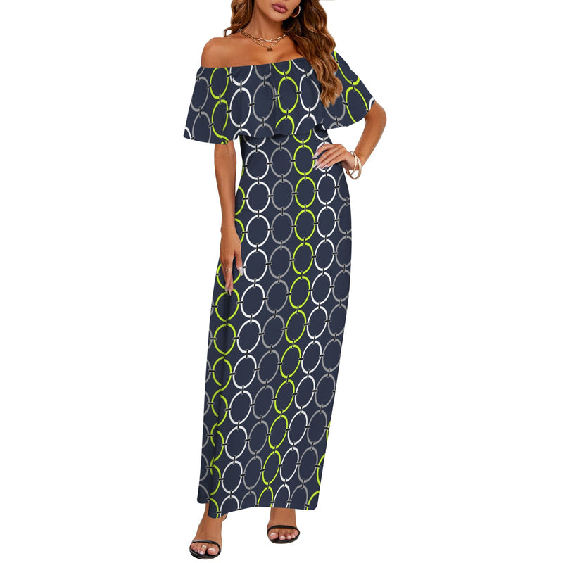 neon green links print 4A Women's Off Shoulder Ruffle Boat Neck Dress (Model D71)