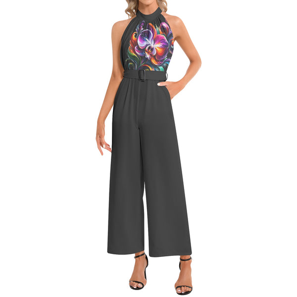 Halter Neck Buckle Belted Jumpsuit