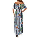 stained glass garden print 2A Women's Off Shoulder Ruffle Boat Neck Dress (Model D71)