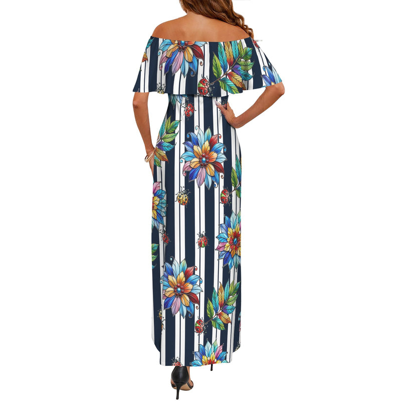stained glass garden print 2A Women's Off Shoulder Ruffle Boat Neck Dress (Model D71)