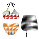 orange triangle print 3C Drawstring Halterneck Three-Piece Swimsuit Skirt