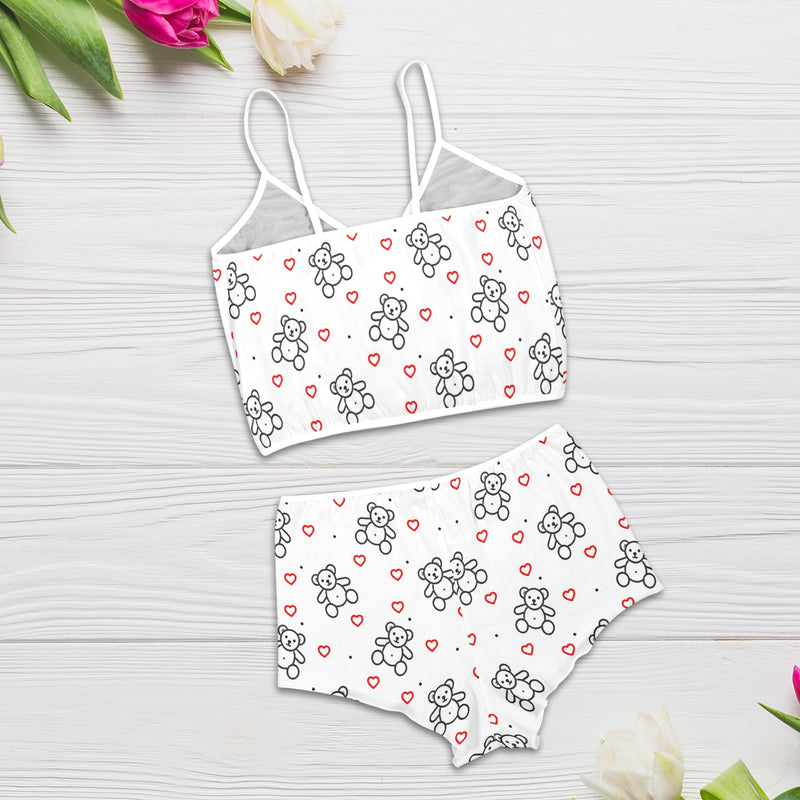 teddy bear and hearts print 2A Floral Applique Cami Top Shorts Pajama Set
