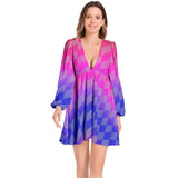 Lantern Sleeve Deep V-Neck Short Dress