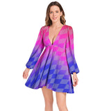 Lantern Sleeve Deep V-Neck Short Dress