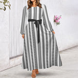 Tribal Round Neck Long Sleeve Belted Maxi Dress