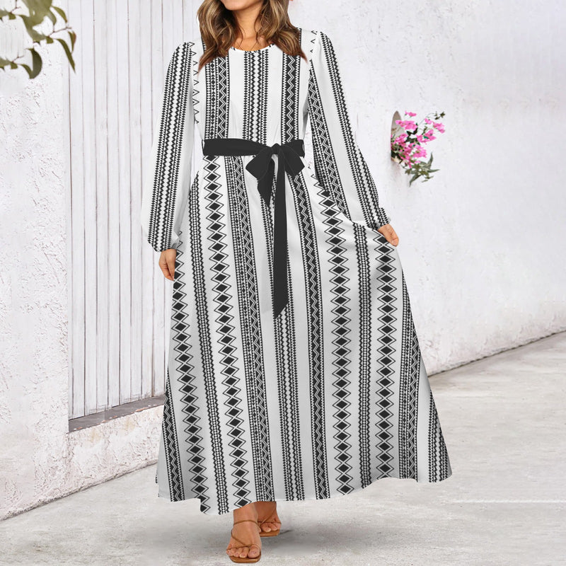 Tribal Round Neck Long Sleeve Belted Maxi Dress
