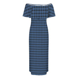 blue plaid print 4A Women's Off Shoulder Ruffle Boat Neck Dress (Model D71)