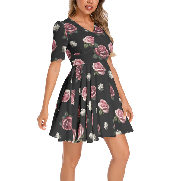Rosette Symphony Short Sleeve Ruched Bust Flared Hem Dress