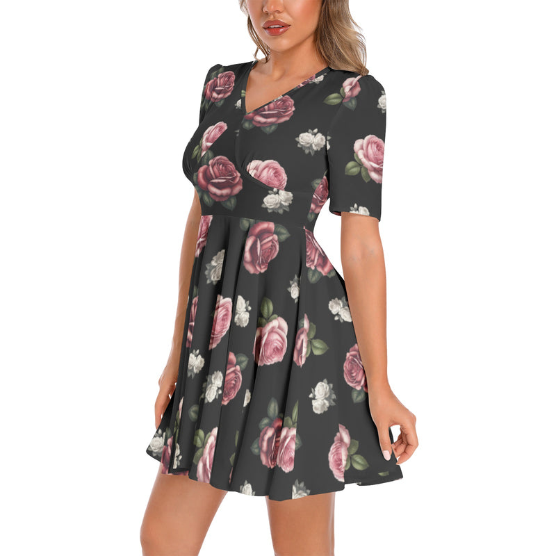 Rosette Symphony Short Sleeve Ruched Bust Flared Hem Dress