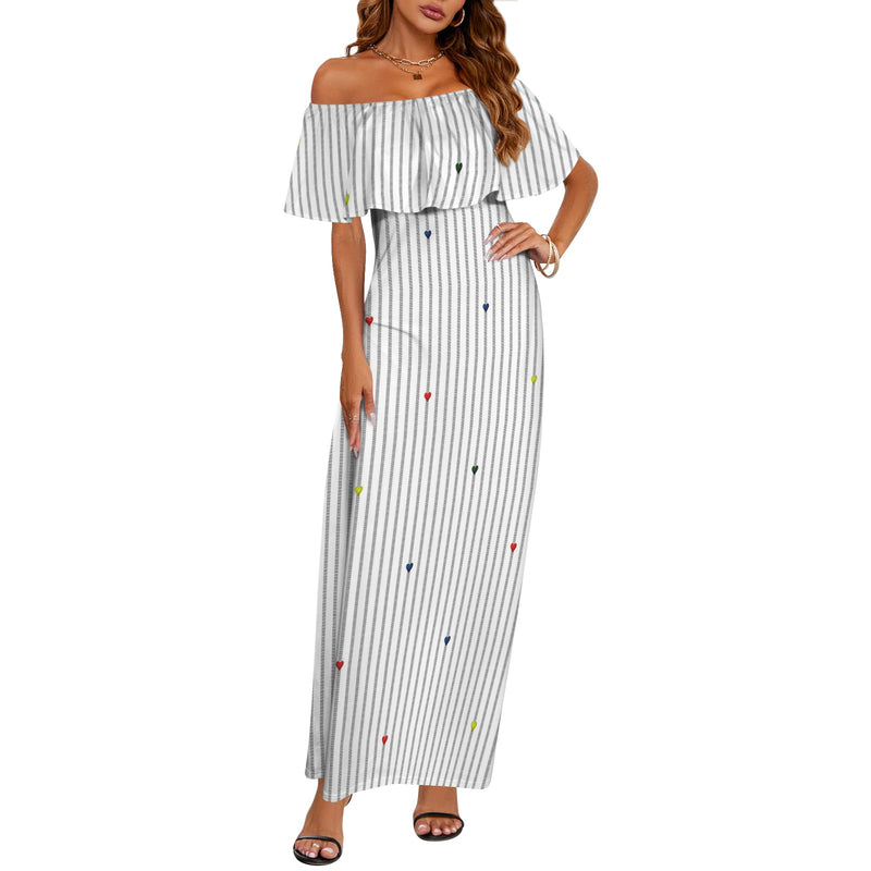 heart accent stripe accent print Women's Off Shoulder Ruffle Boat Neck Dress (Model D71)