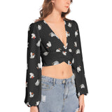 Women's Deep V-Neck Lantern Sleeve Crop Top