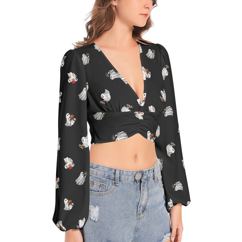 Women's Deep V-Neck Lantern Sleeve Crop Top