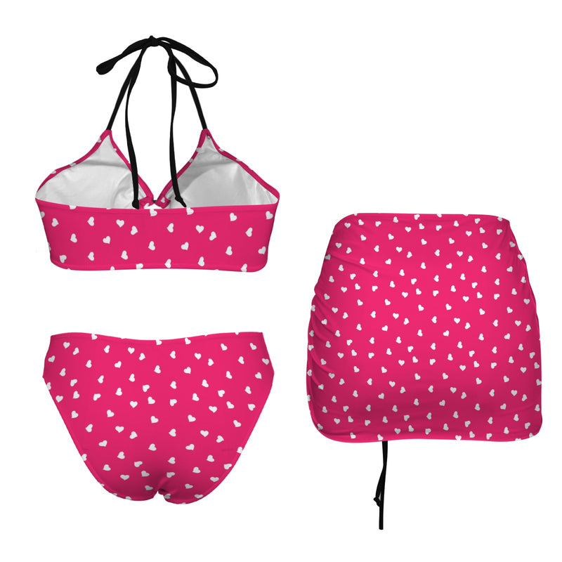 hearts fuchsia print 2A Drawstring Halterneck Three-Piece Swimsuit Skirt
