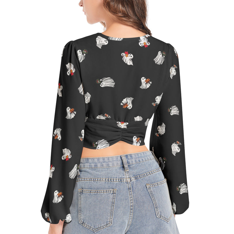 Women's Deep V-Neck Lantern Sleeve Crop Top