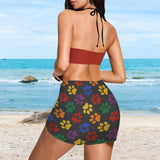 multi colored paw print skirt Drawstring Halterneck Three-Piece Swimsuit Skirt