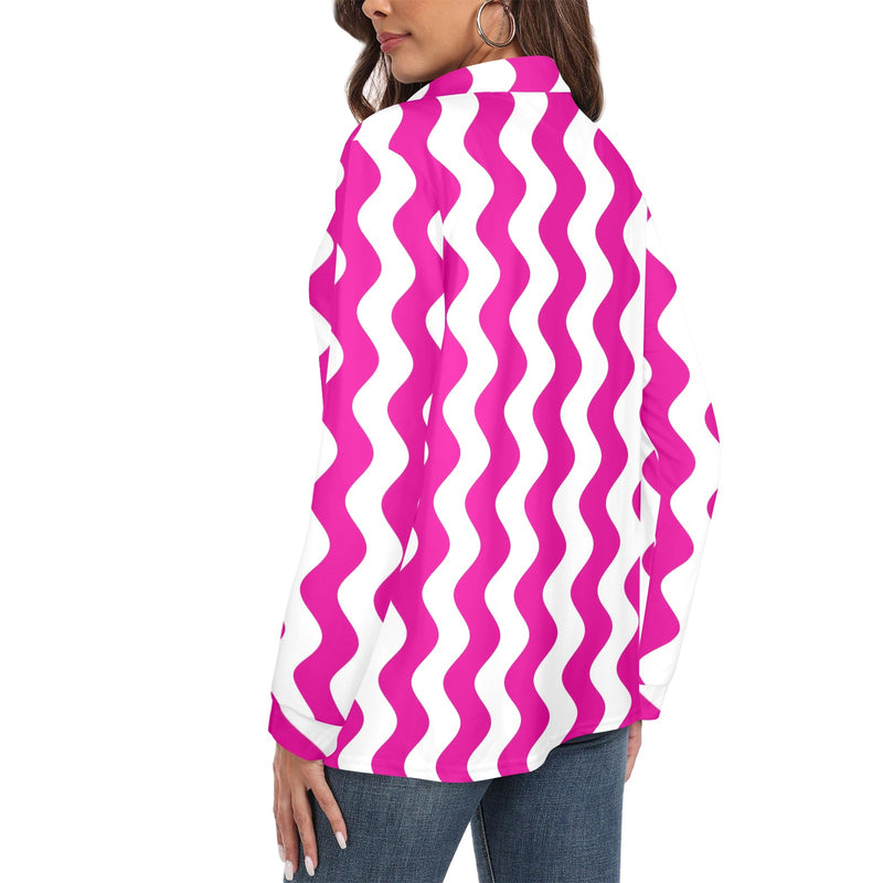fuchsia wavy print Women's Long Sleeve Polo Shirt (Model T73)