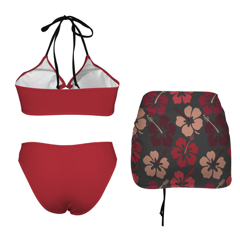 shades of red hibiscus print Drawstring Halterneck Three-Piece Swimsuit Skirt