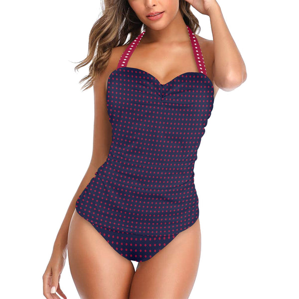 white red polke print Women's Halter Neck Gather Chest Swimsuit (Model S52)