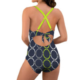rings white print Women's Twist Front Tie Back Swimsuit (Model S57)