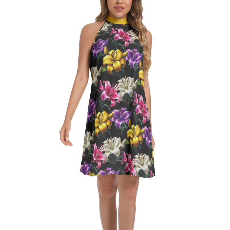 Tie Back Halter Neck Flared Dress