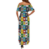 patchwork of alien flowers Women's Off Shoulder Ruffle Boat Neck Dress (Model D71)