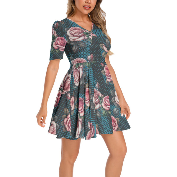 Short Sleeve Ruched Bust Flared Hem Dress