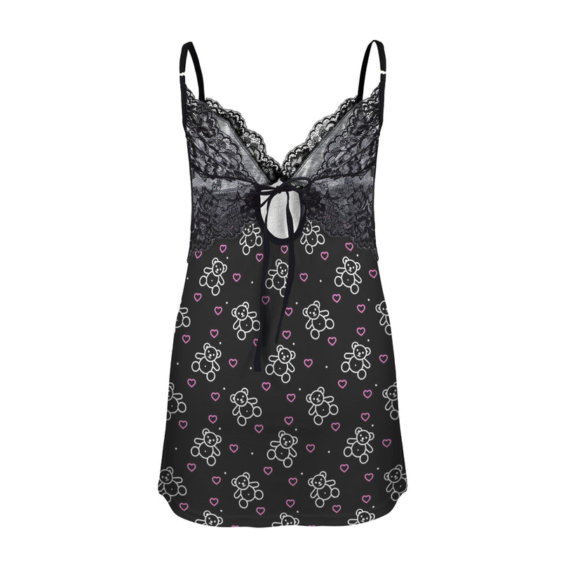 teddy bear and pink hearts print 6A Lace Low Cut Backless Cami Dress (D72)
