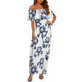 white iris print Women's Off Shoulder Ruffle Boat Neck Dress (Model D71)