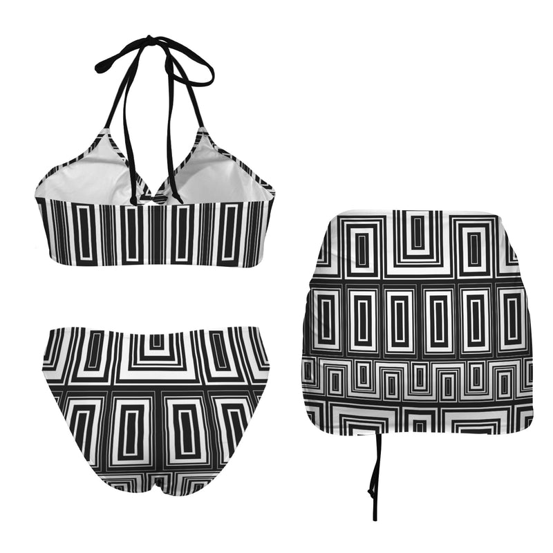 It Comes In Black Drawstring Halterneck Three-Piece Swimsuit Skirt