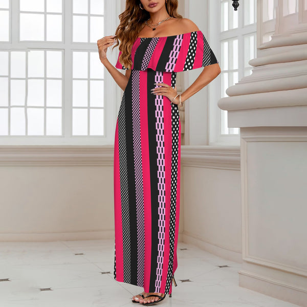 eclectic stripe print 4 Women's Off Shoulder Ruffle Boat Neck Dress (Model D71)