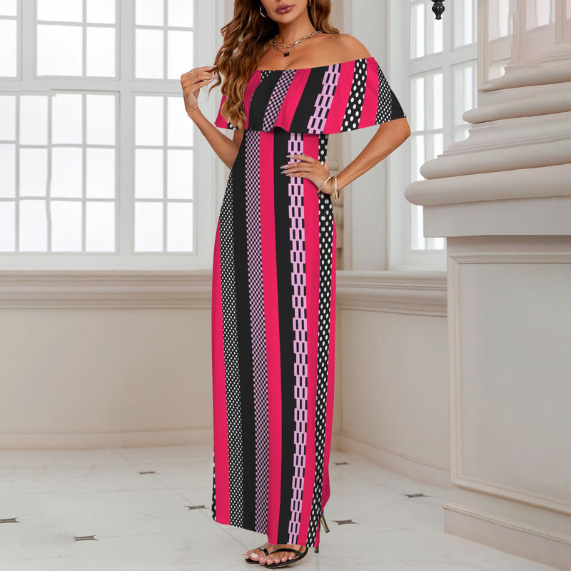 eclectic stripe print 4 Women's Off Shoulder Ruffle Boat Neck Dress (Model D71)