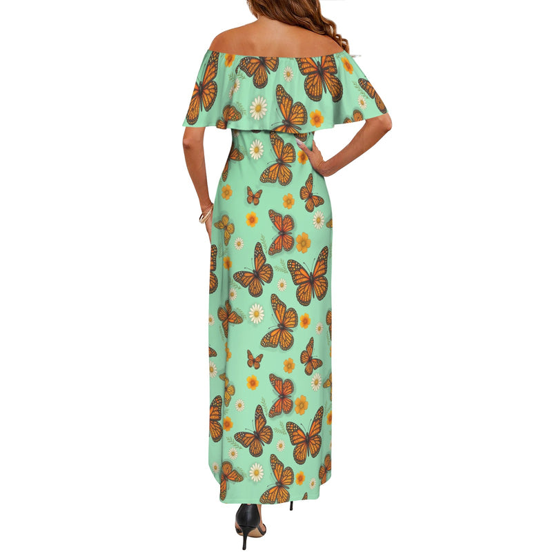 Butterfly Women's Off Shoulder Ruffle Boat Neck Dress