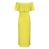 yellow matrix print Women's Off Shoulder Ruffle Boat Neck Dress (Model D71)