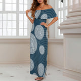 shephards race blue print Women's Off Shoulder Ruffle Boat Neck Dress (Model D71)