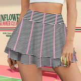 striped pink and black print High Waist Layered Ruffle Pockets Sports Skirt
