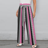 pink polka dot striped print Strappy Elastic Waist Wide Leg Pants with Pockets